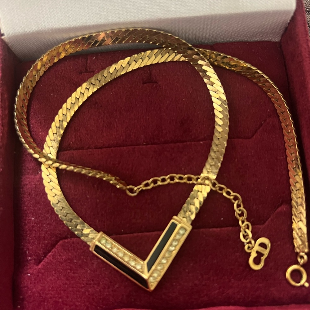 Vintage Christian Dior V Necklace with Clear Rhinestones